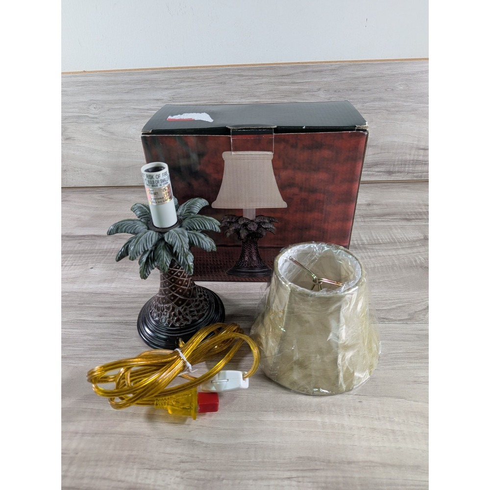Vintage 10" Tropical Palm Tree Table Night Lamp and Beige Linen Bell Shade